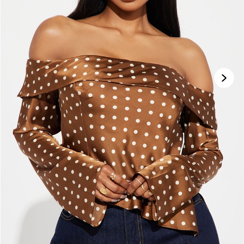 Brown off the shoulder polka dot top